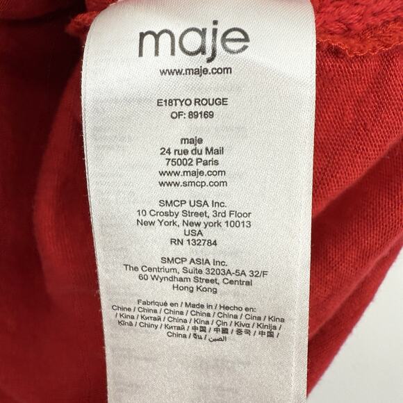 Maje Linen Short Sleeve Tee Women Size 2 V Neck Crochet Eyelet Red Pull Over - Picture 9 of 11